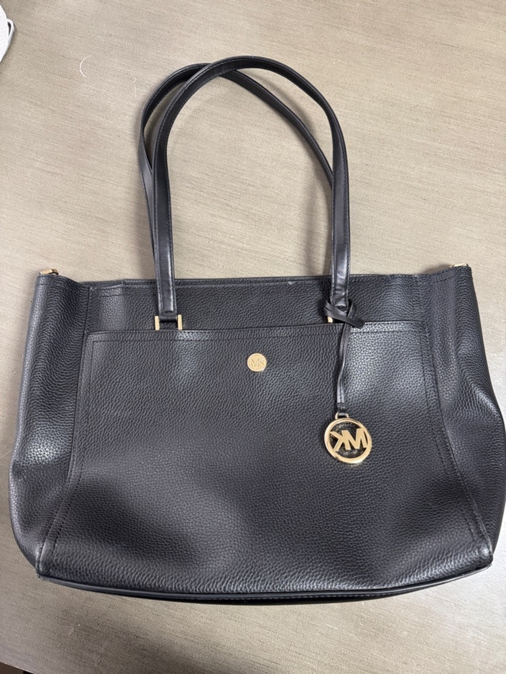 Michael Kors Black Leather Tote with Gold MK Charm